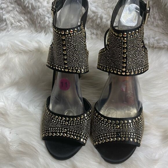 Steve Madden black satin fabric& gold tone studded ankle strap sandals SZ11 - Picture 9 of 13